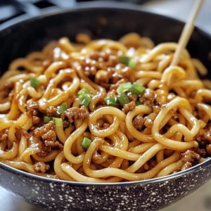 Delicious plate of Mongolian Noodles garnished with vegetables
