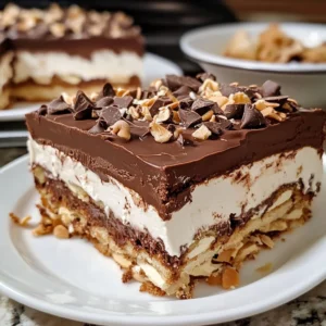 No Bake Chocolate Eclair Cake topped with creamy chocolate frosting