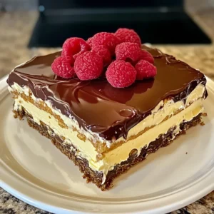 No-bake éclair cake layered with cream and chocolate