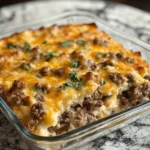 Pancake and Sausage Breakfast Casserole served on a plate with syrup drizzle.