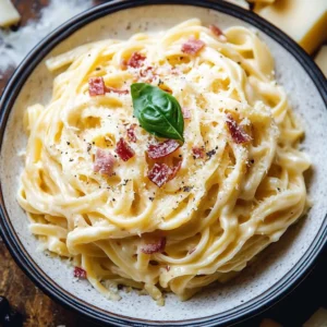 Delicious plate of Pasta alla Carbonara with creamy sauce and pancetta.