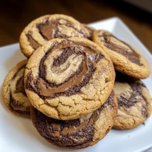 Peanut butter brownie swirl cookies on a plate, drizzled with chocolate.