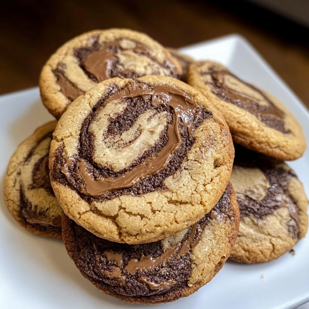 Peanut butter brownie swirl cookies on a plate, drizzled with chocolate.