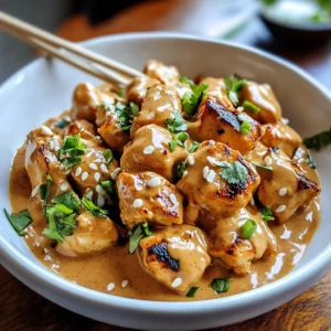 Delicious peanut butter chicken served with rice and garnished with fresh herbs.
