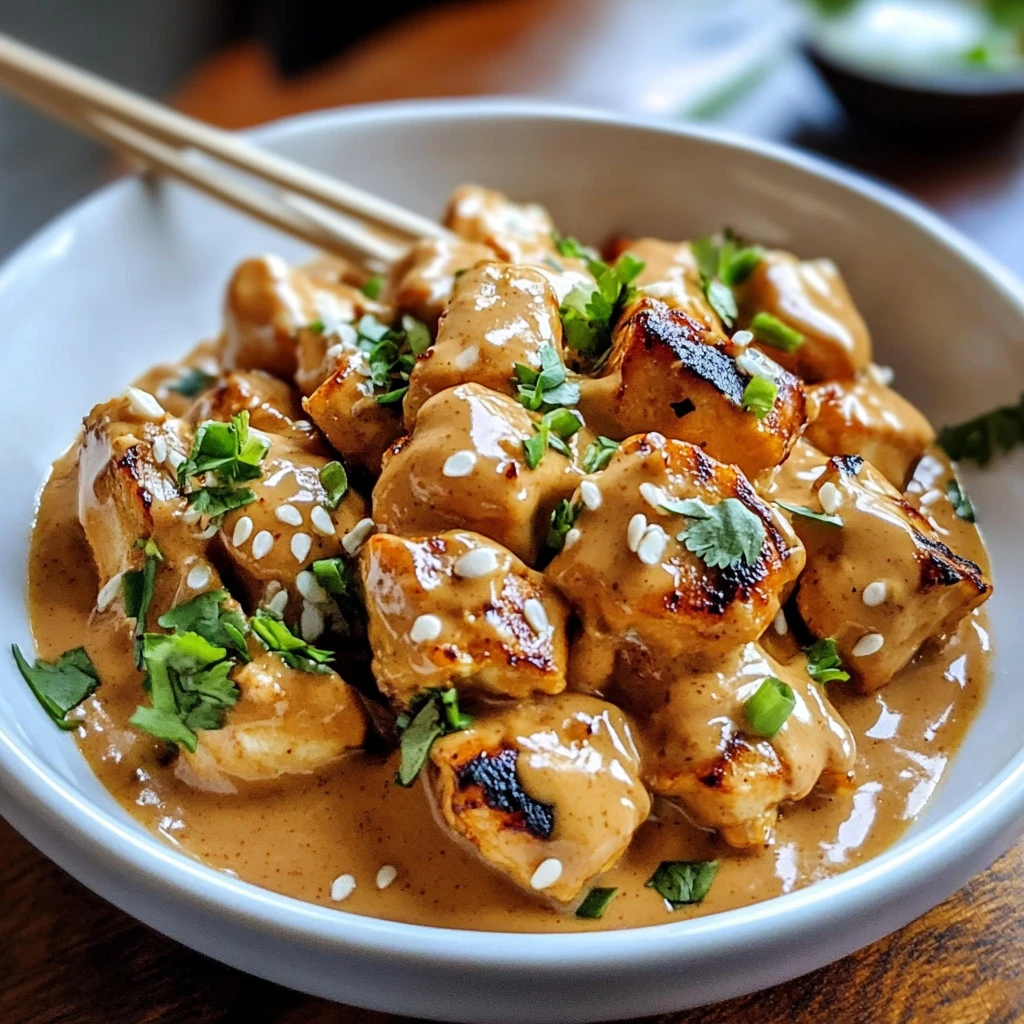 Delicious peanut butter chicken served with rice and garnished with fresh herbs.