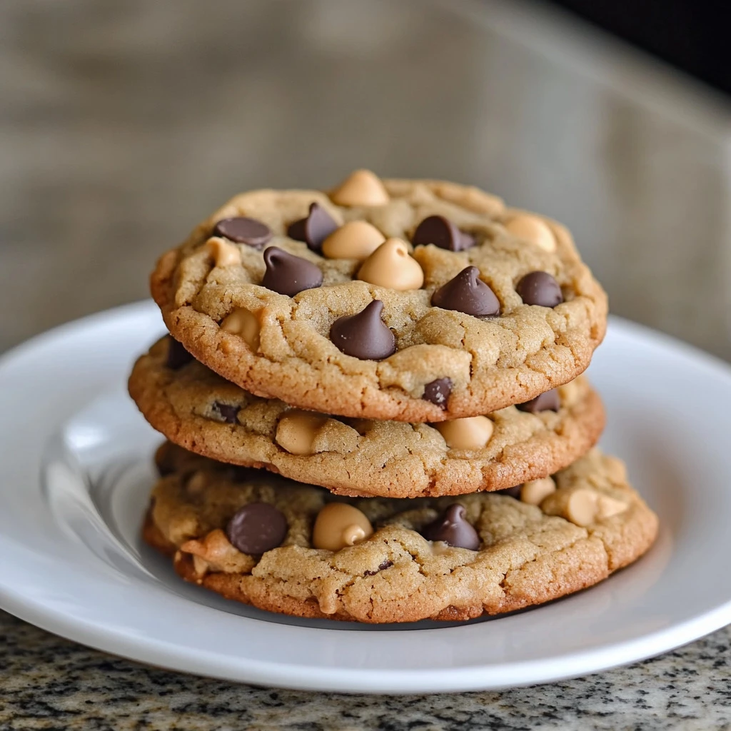 Freshly baked Peanut Butter Chocolate Chip Cookies cooling on a wire rack.