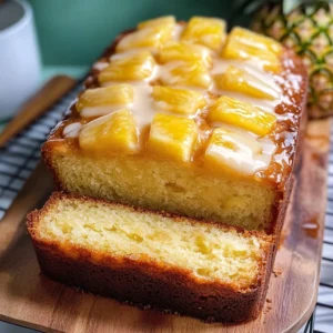 Homemade Pineapple Quick Bread sliced and served on a wooden platter.