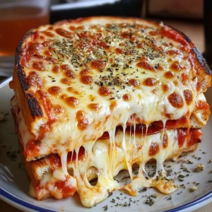 Delicious Pizza Grilled Cheese sandwich with melted cheese and pizza toppings