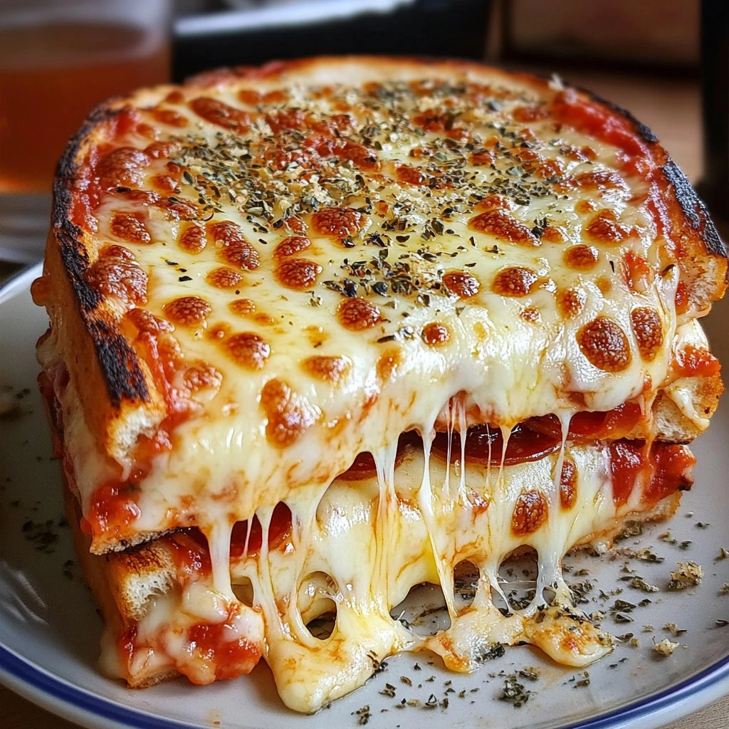 Delicious Pizza Grilled Cheese sandwich with melted cheese and pizza toppings