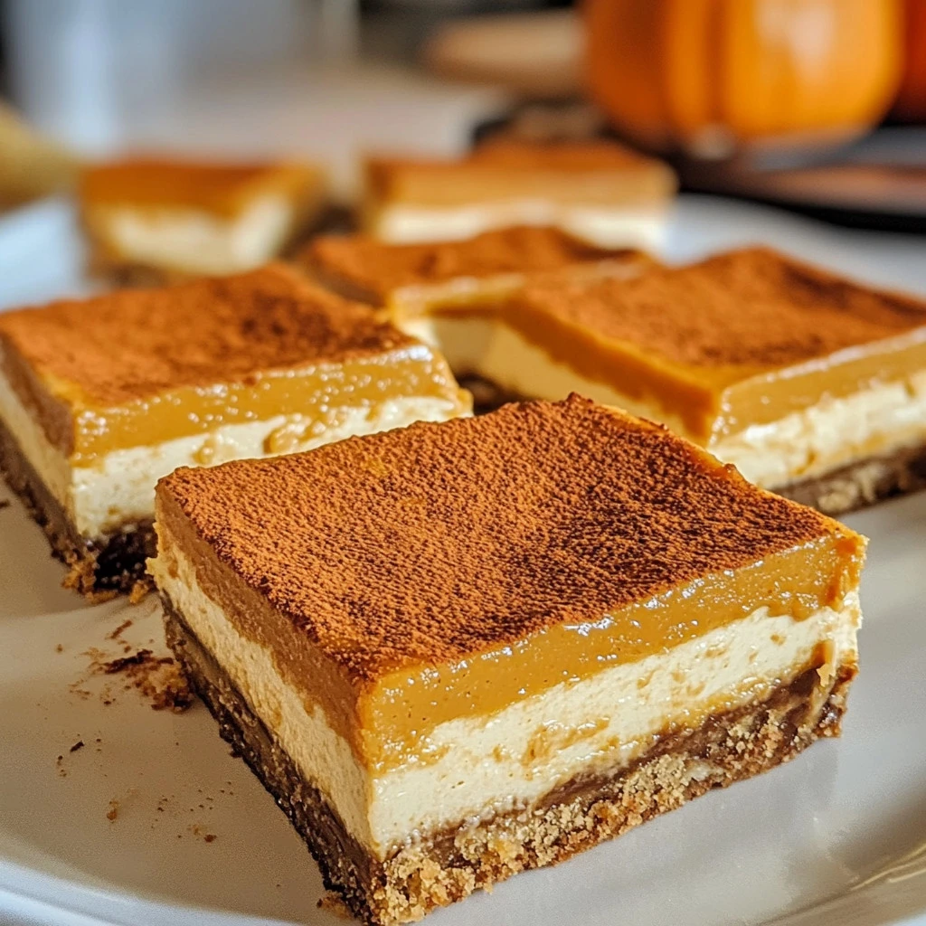 Delicious pumpkin cheesecake bars topped with whipped cream and spices.