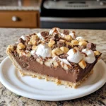 Delicious Rocky Road Pie topped with chocolate, marshmallows, and nuts.