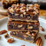 Salted caramel chocolate pecan pie bars garnished with pecans and caramel drizzle