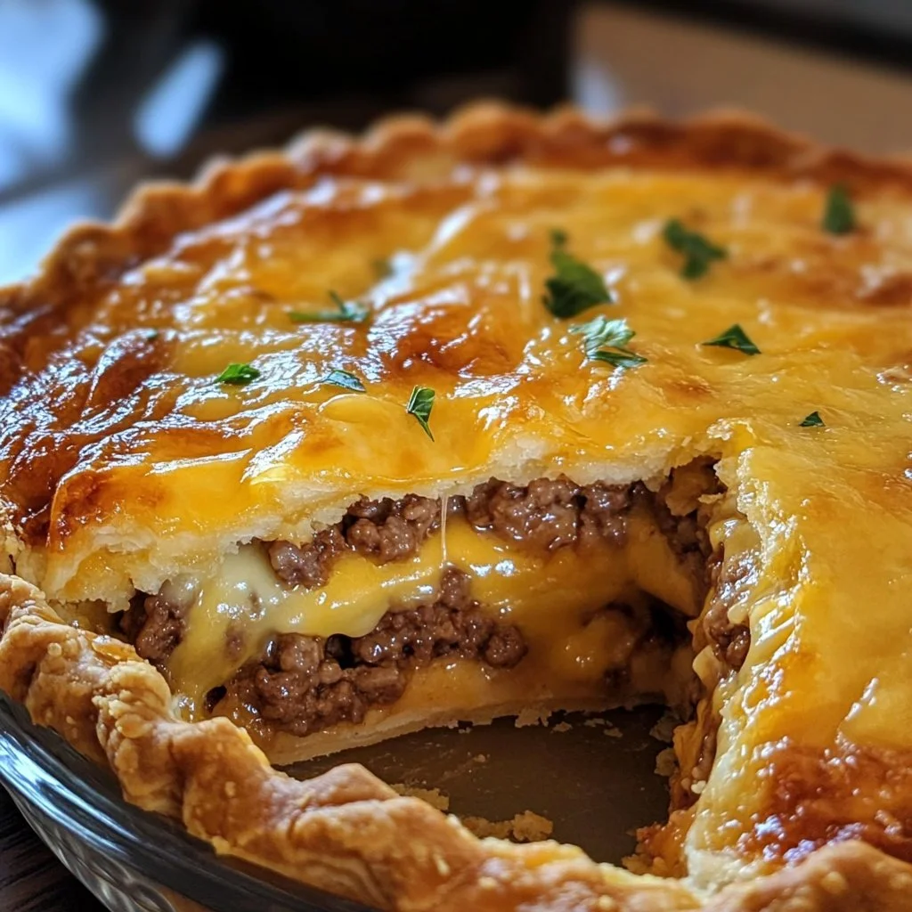 Savory cheeseburger pie with a flaky crust served on a plate