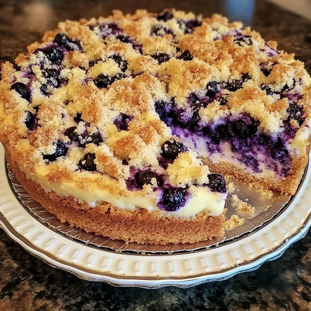 Delicious blueberry crumb cake with cream cheese topping