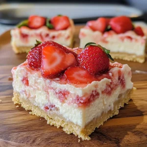 Delicious strawberry cheesecake bars with fresh strawberries on top