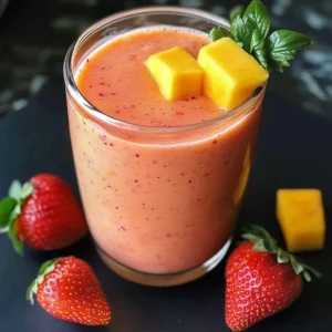 Delicious strawberry mango smoothie in a glass with fresh fruit slices