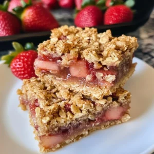 Freshly baked Strawberry Rhubarb Crisp Bars on a wooden serving platter