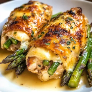 Stuffed chicken breast filled with cheese and asparagus, ready to serve