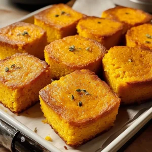 Delicious slice of Sweet Potato Cornbread on a rustic wooden table