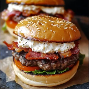 Whipped Feta and Garlic Butter Bacon Smash Burgers served on a wooden board