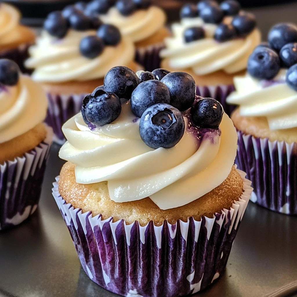White chocolate blueberry cheesecake cupcakes topped with creamy frosting.
