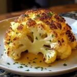 Whole roasted cauliflower served with herbs and spices