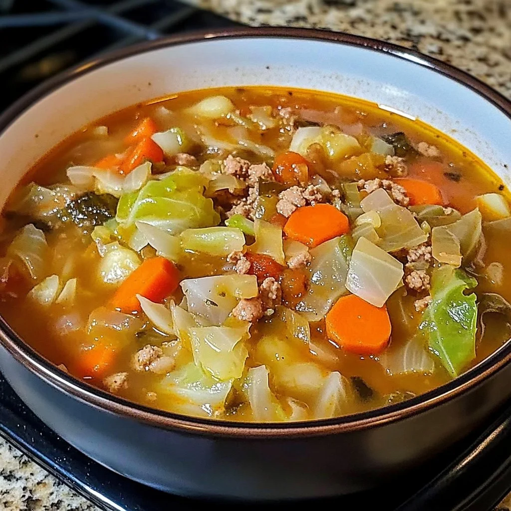 Bowl of wholesome cabbage soup filled with fresh vegetables and herbs