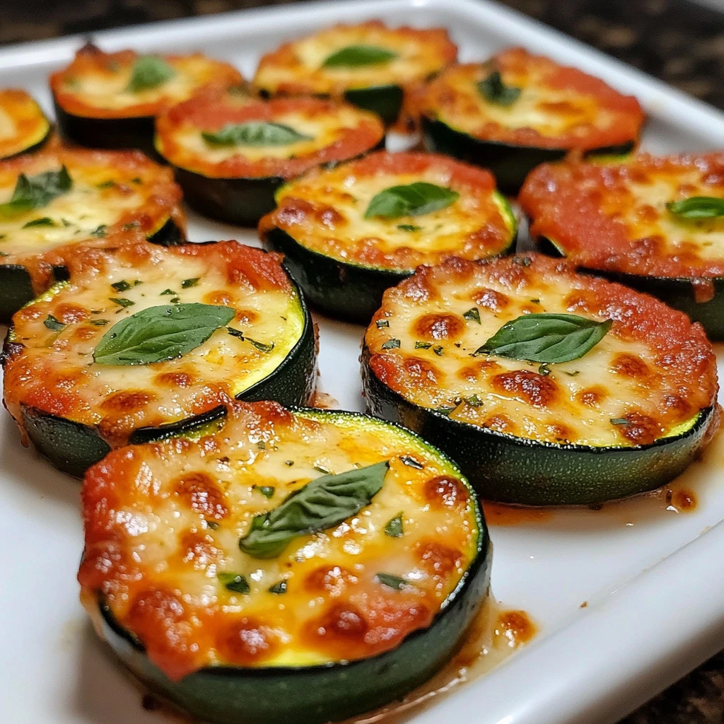Close-up of Zucchini Pizza Bites topped with cheese and herbs