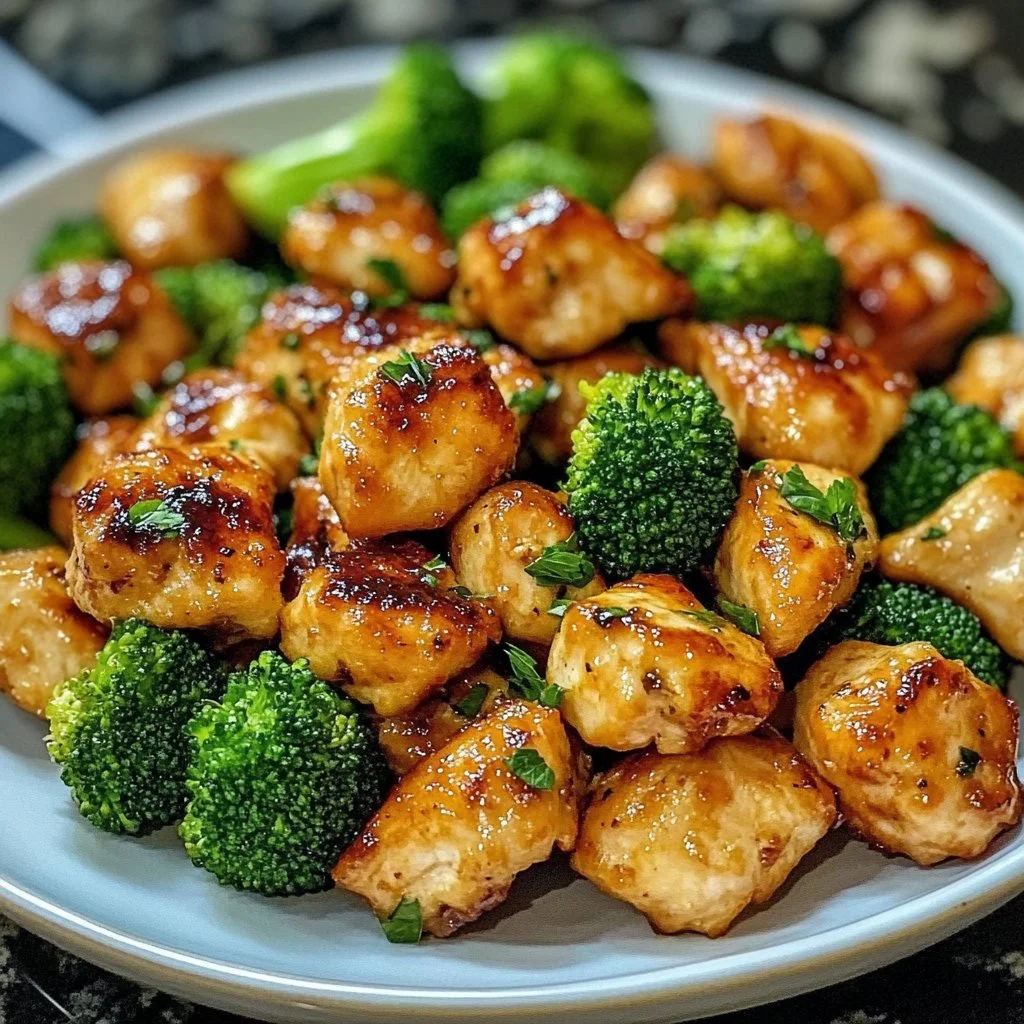 Air fryer chicken bites served with broccoli on a plate, ready to eat.