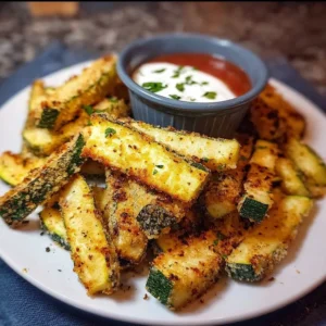 Crispy air fryer zucchini fries served in a bowl with dipping sauce
