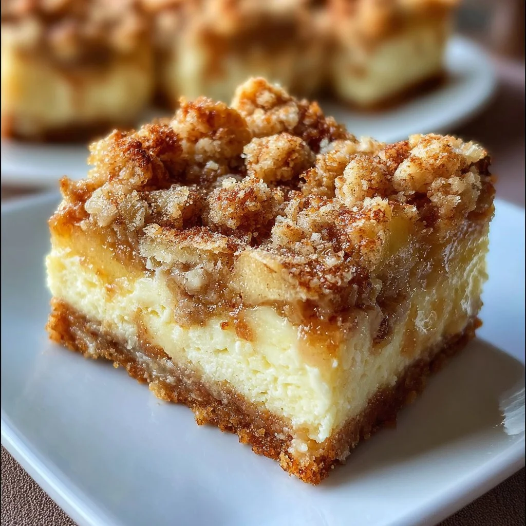 Delicious apple streusel cheesecake bars topped with crumble and sliced apples.