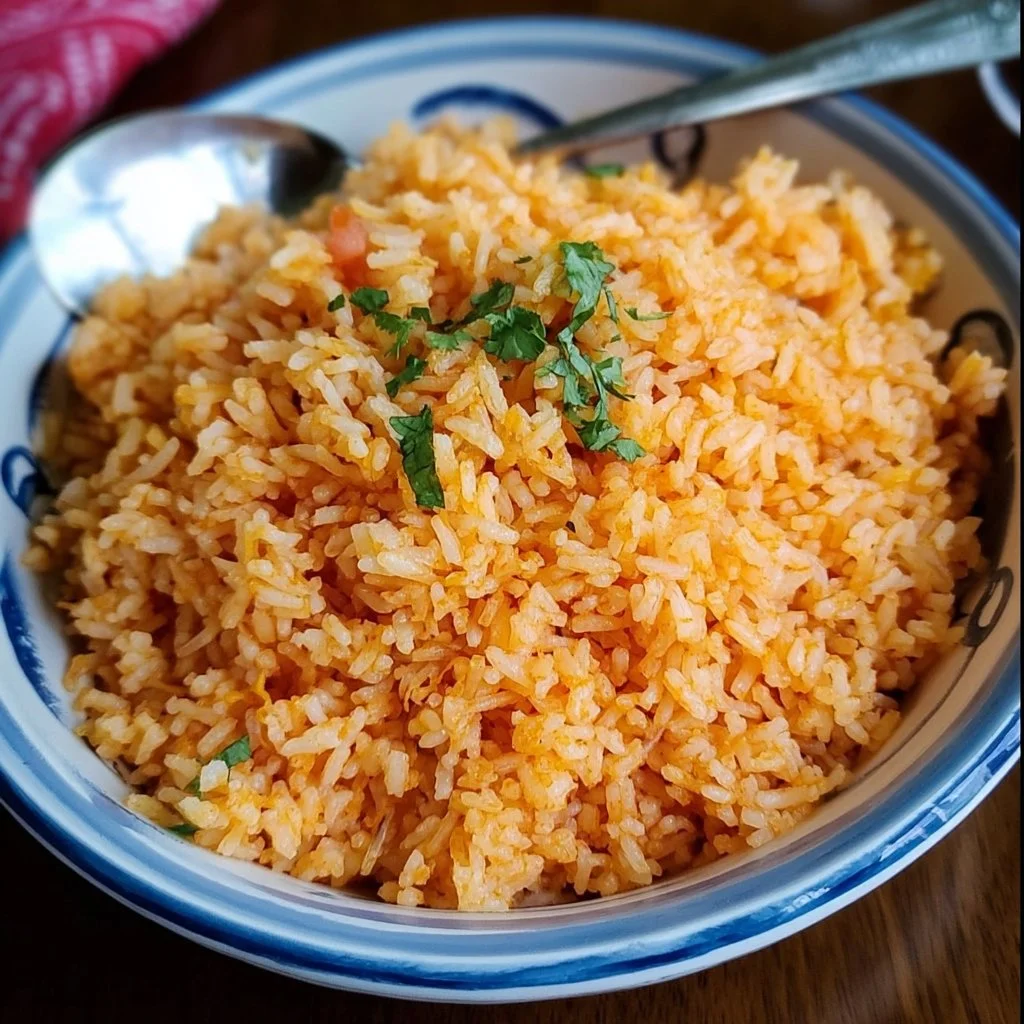 Plate of authentic Mexican rice garnished with herbs and lime