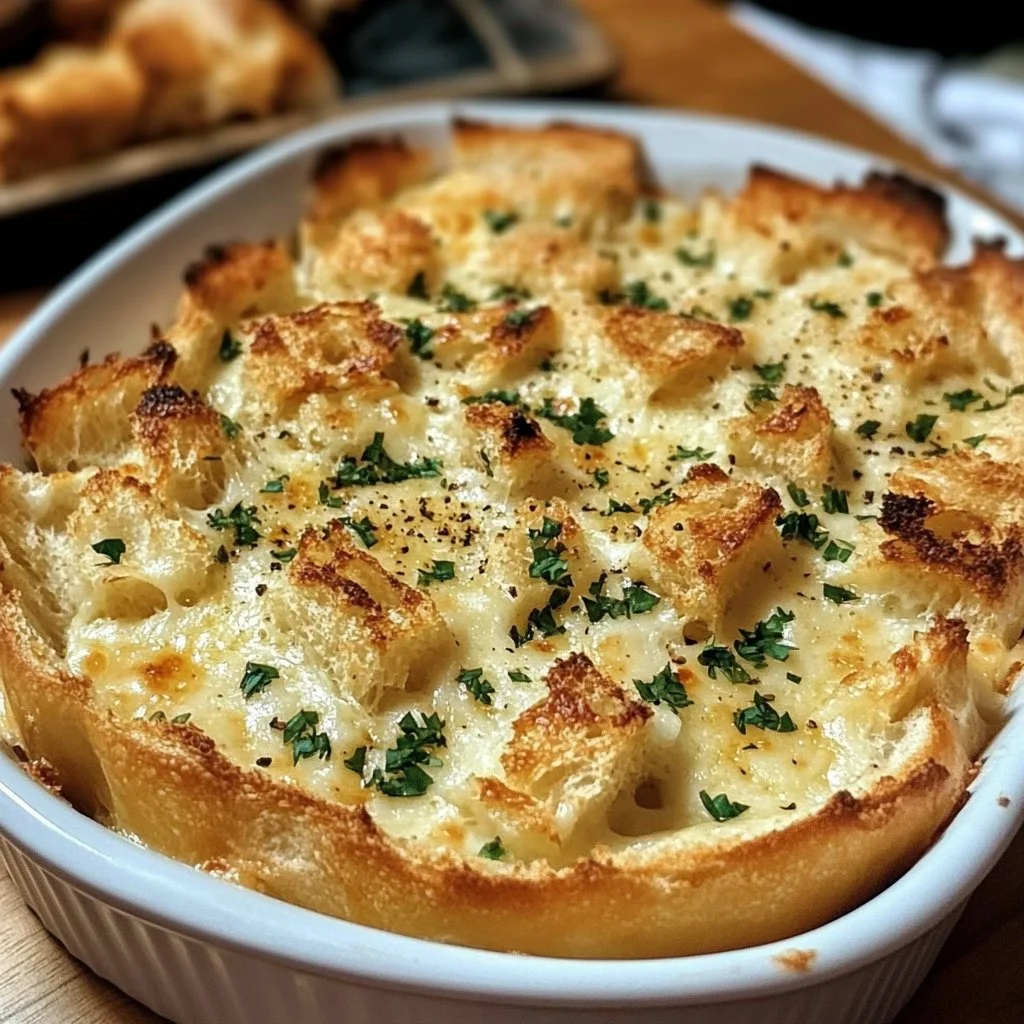 Delicious baked garlic bread dip served in a creamy dish, perfect for dipping.