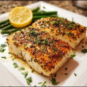 A perfectly baked mahi mahi fillet served with herbs and lemon on a plate.