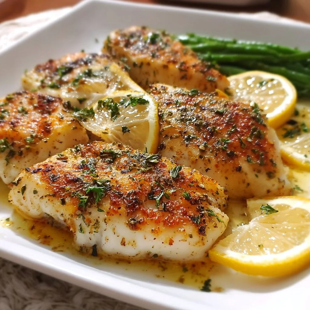 Deliciously baked white fish served with lemon and herbs