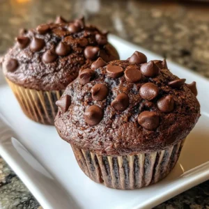Bakery-style double chocolate chip muffins served on a plate