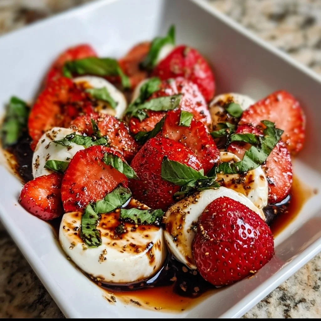 Balsamic Strawberry Caprese salad with fresh mozzarella, strawberries, and basil