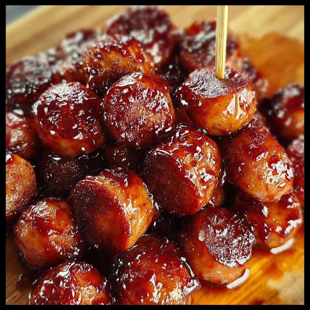 BBQ Sausage Bites served on a platter with dipping sauce