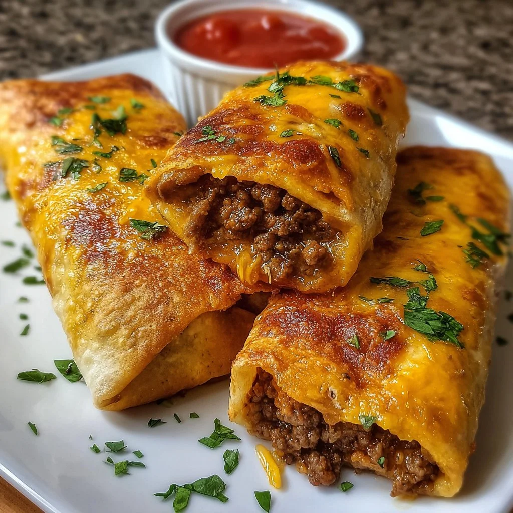 Delicious Beef and Cheese Chimichangas served with toppings and salsa.