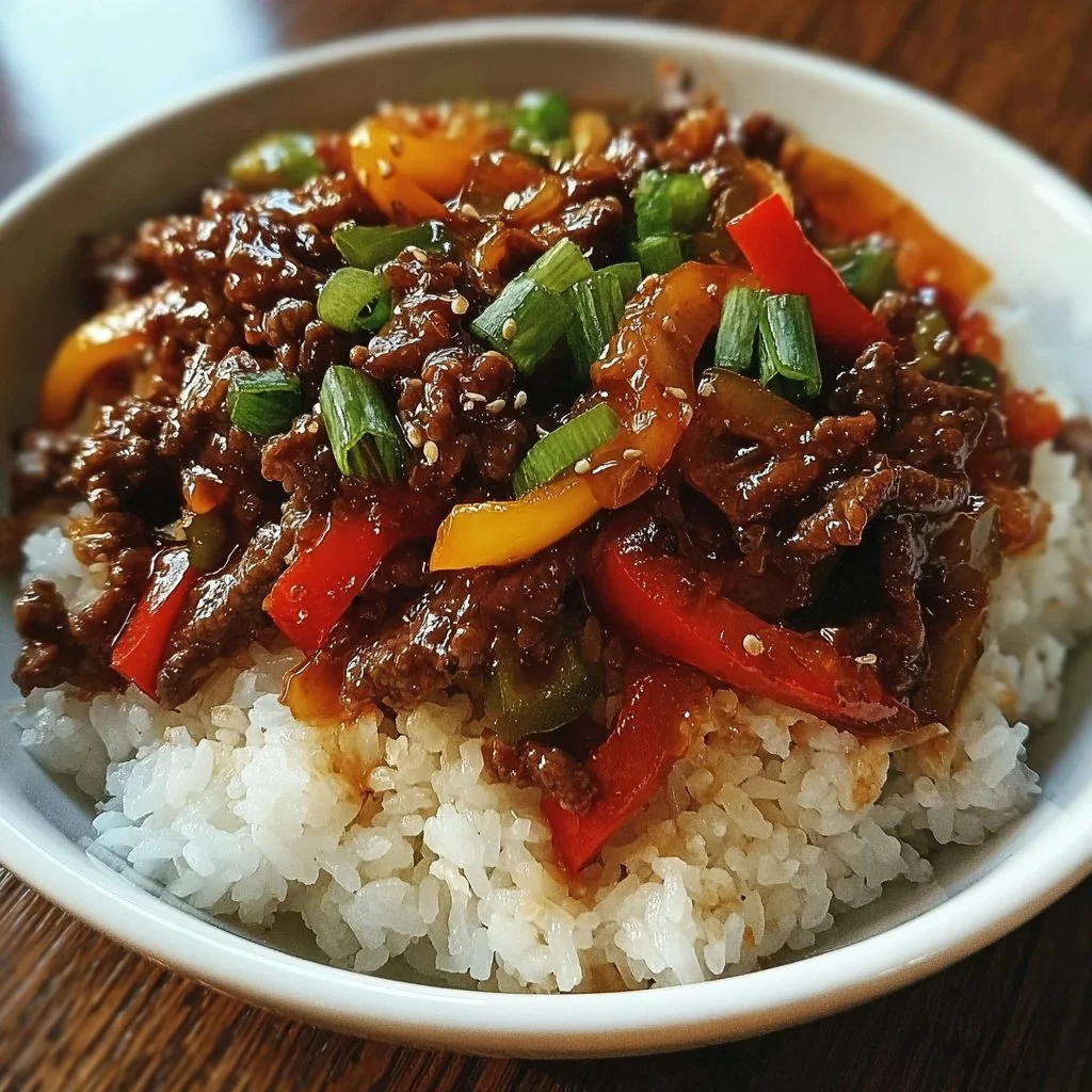 Delicious Beef and Pepper Rice Bowl topped with vibrant peppers and rice