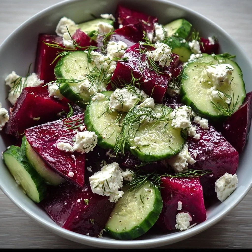 Colorful beet salad with feta cheese, cucumbers, and fresh dill garnish