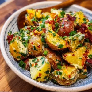 Delicious roasted potato salad garnished with fresh herbs and veggies