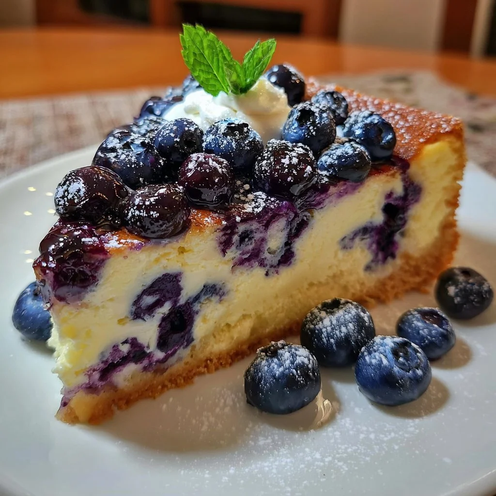 Delicious Blueberry Custard Cake with fresh blueberries and creamy custard topping