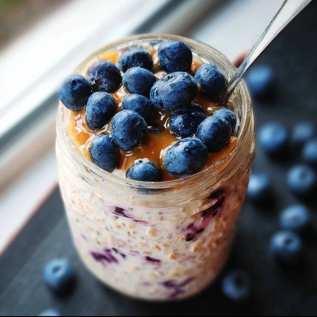 Bowl of Blueberry Overnight Oats topped with fresh blueberries and almonds