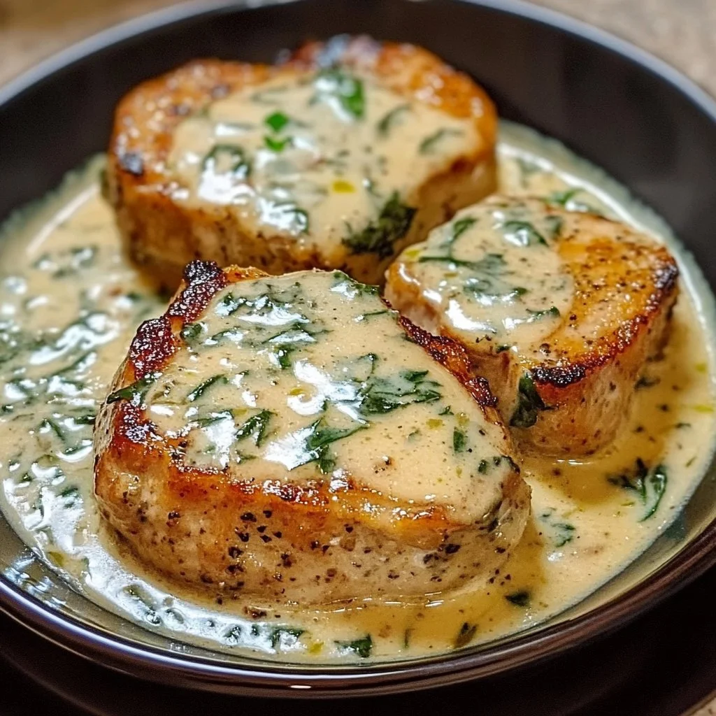 Boneless pork chops served in creamy garlic spinach sauce