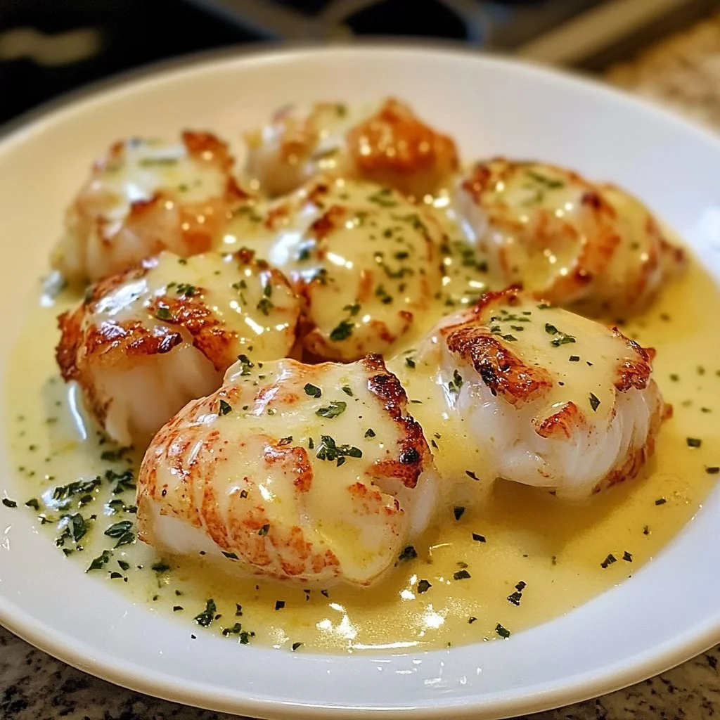 Broiled lobster tails with creamy garlic butter sauce served on a plate