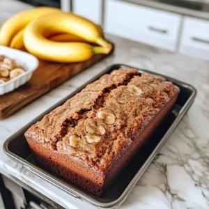 Loaf of brown sugar banana bread with slices and banana on wooden table