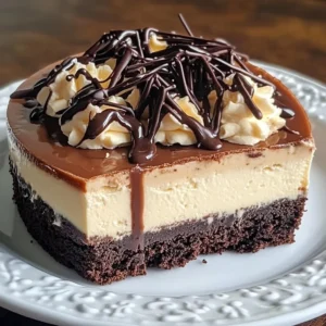 Slice of decadent Brownie Bottom Cheesecake with chocolate and cream layers