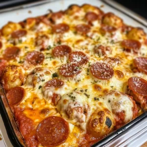 Delicious Bubble Up Pizza Bake served in a baking dish with toppings