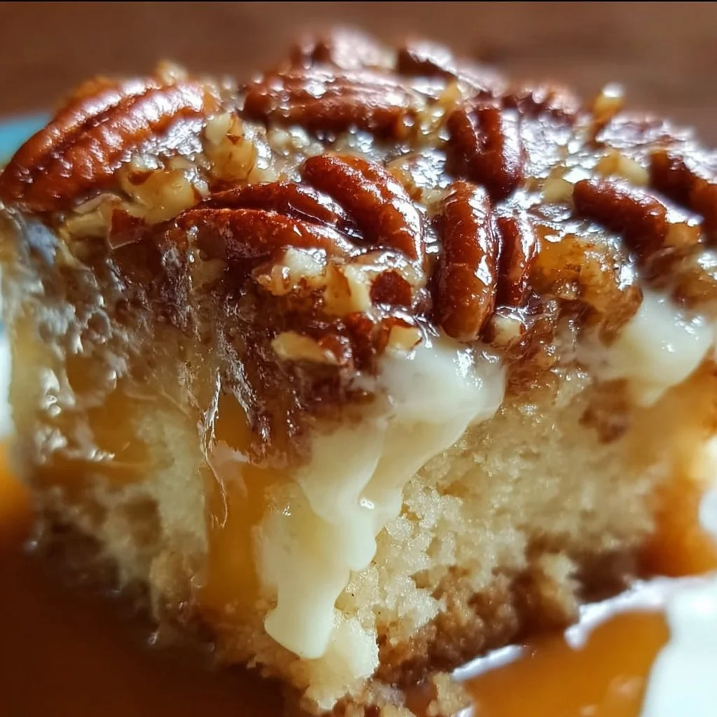 Delicious Butter Pecan Praline Poke Cake topped with pecans and praline sauce